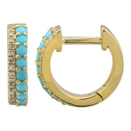 14K Yellow  Diamond & Turquoise double row huggies