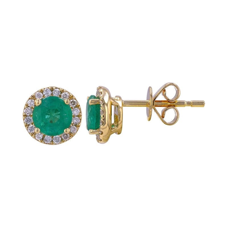 14K Yellow Gold Round Emerald with Diamond Halo Stud Earrings-Earrings-Maurice's Jewelers-