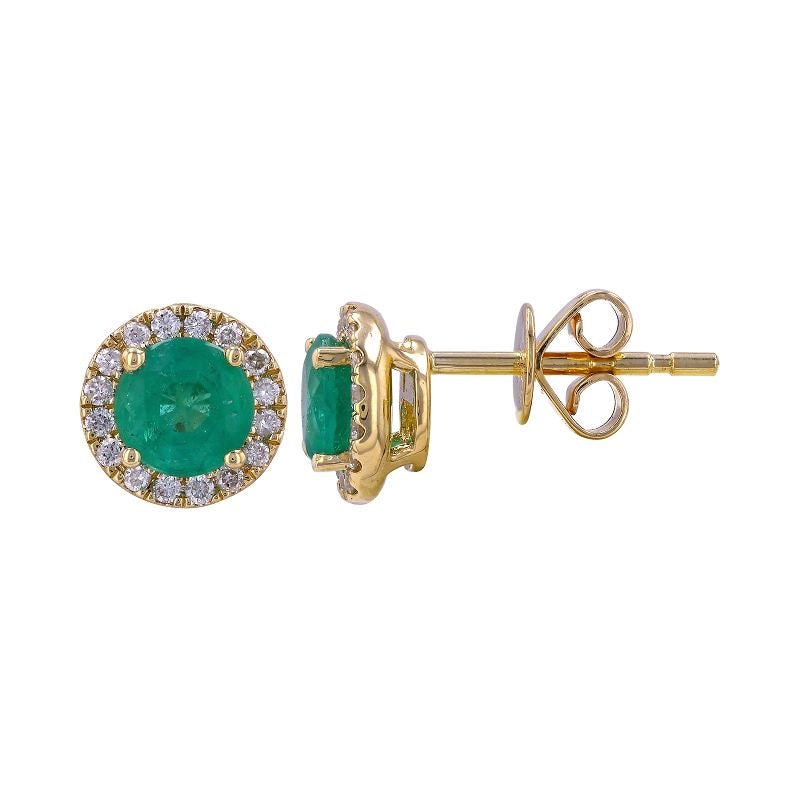 14K Yellow Gold Round Emerald with Diamond Halo Stud Earrings