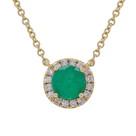 14K Yellow Gold Round Emerald with Diamond Halo Necklace