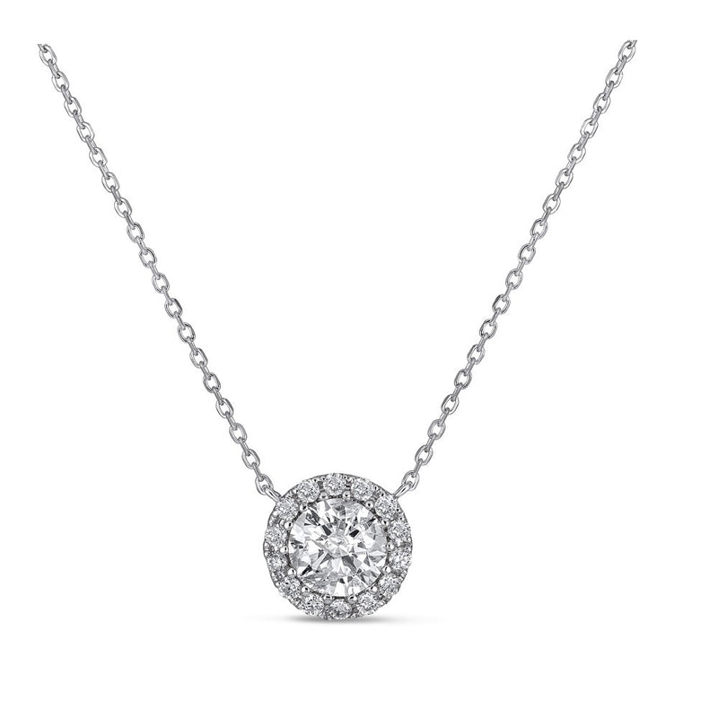 14K White Gold Diamond Halo Solitaire Necklace