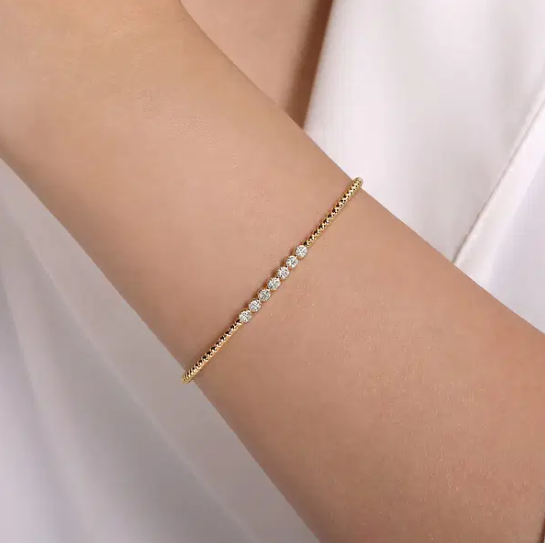 14K Yellow Gold Diamond Top Beaded Open Bangle