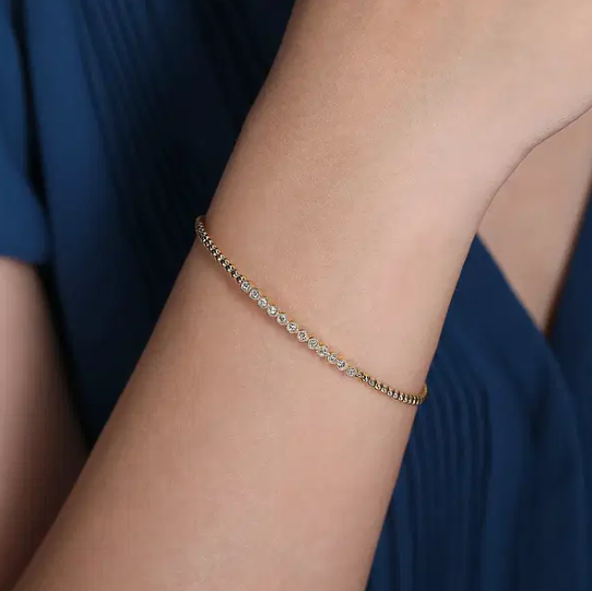 14K Yellow Gold Diamond Bezeled Top Bead Cuff