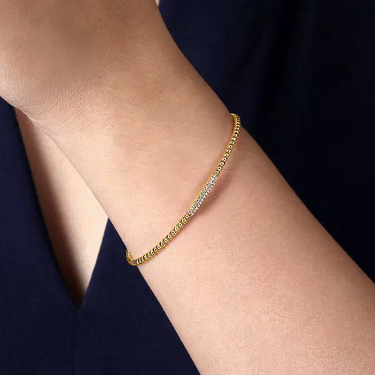 14K Yellow Gold Diamond Beaded Open Bangle