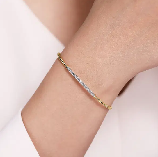14K Yellow Gold Diamond Pave Top Bead Open Cuff