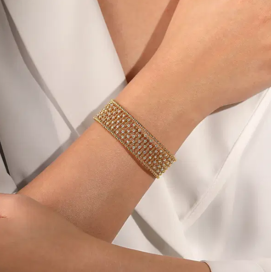 14K Yellow Gold Diamond Beaded Wide Open Bangle