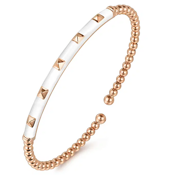 Enamel - 14K Rose Gold Bujukan Beads and Pyramid Split Bangle with White Enamel