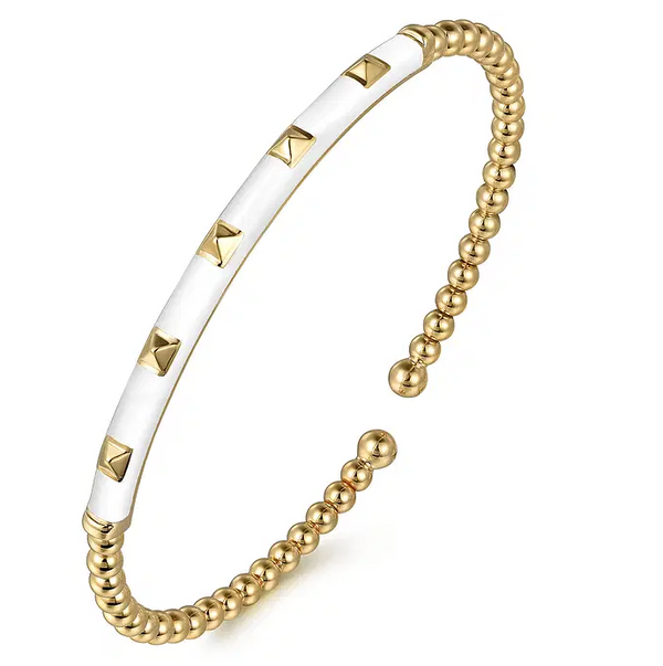 Enamel - 14K Yellow Gold Bujukan Beads and Pyramid Split Bangle with White Enamel