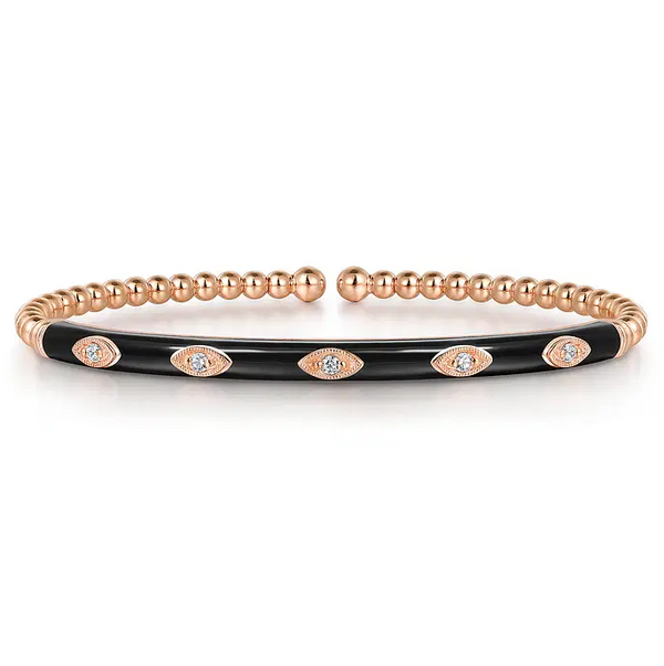 Enamel - 14K Rose Gold Bujukan Beads and Diamond Split Bangle with Black Enamel