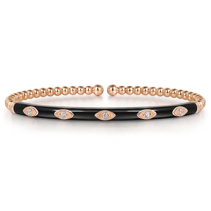 Enamel - 14K Rose Gold Bujukan Beads and Diamond Split Bangle with Black Enamel