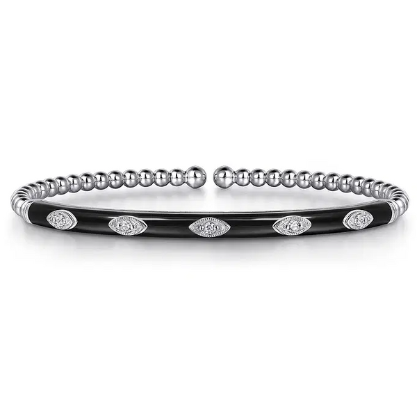 Enamel - 14K Rose Gold Bujukan Beads and Diamond Split Bangle with Black Enamel