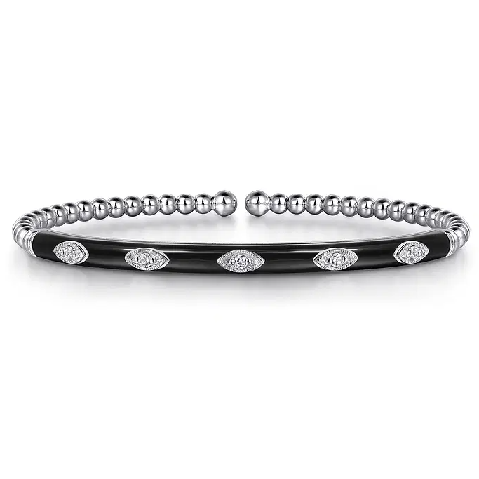 Enamel - 14K Rose Gold Bujukan Beads and Diamond Split Bangle with Black Enamel