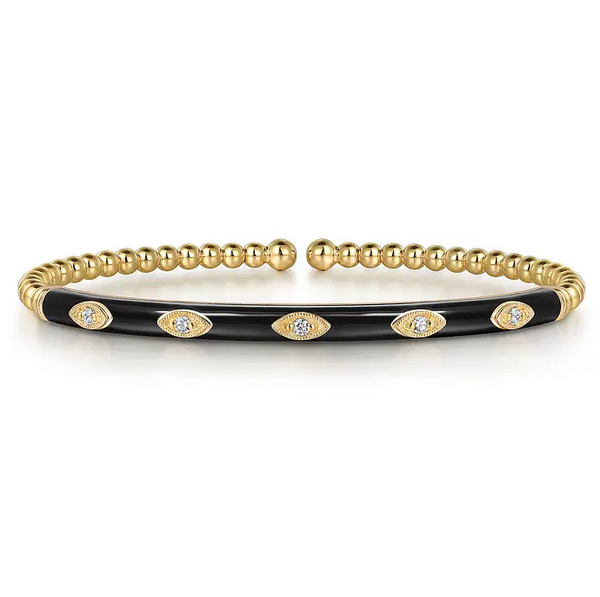 Enamel - 14K Yellow Gold Bujukan Beads and Diamond Split Bangle with Black Enamel
