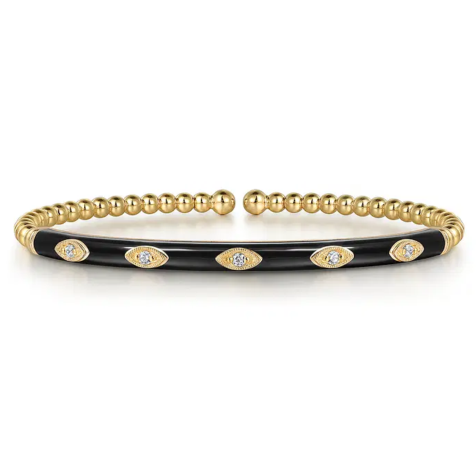 Enamel - 14K Rose Gold Bujukan Beads and Diamond Split Bangle with Black Enamel