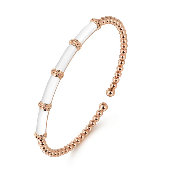 Enamel - 14K Rose Gold Bujukan and Bar Split Bangle with White Enamel