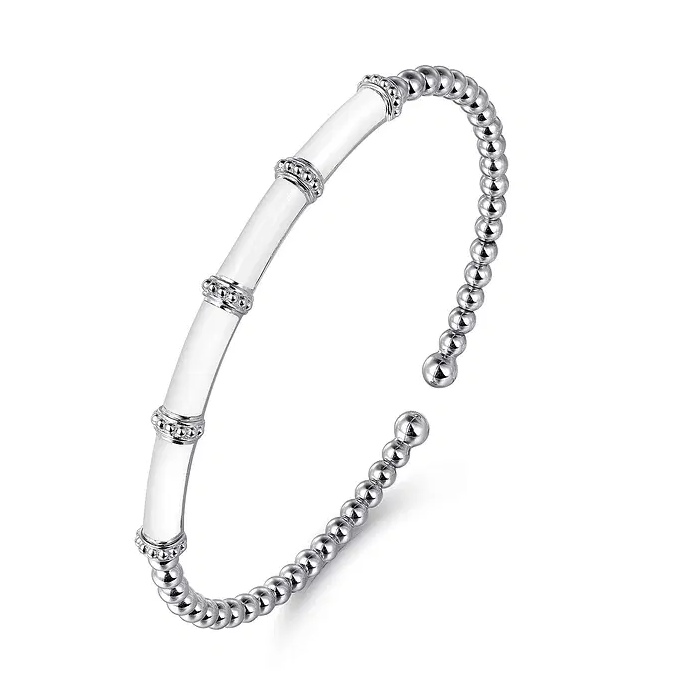 Enamel - 14K White Gold Bujukan and Bar Split Bangle with White Enamel
