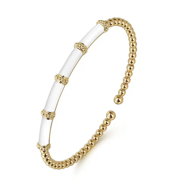 Enamel - 14K Yellow Gold Bujukan and Bar Split Bangle with White Enamel
