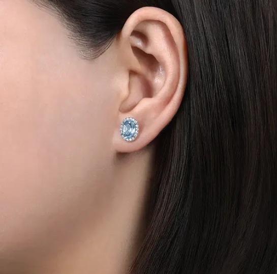 14K White Gold Diamond Halo + Oval Aquamarine Earrings