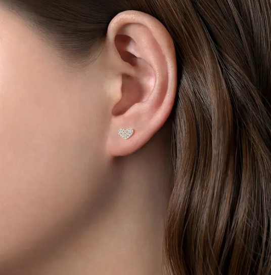 14K Yellow Gold Diamond Pave Heart Stud Earrings