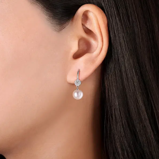 14K White Gold Diamond + Pearl Drop Earrings