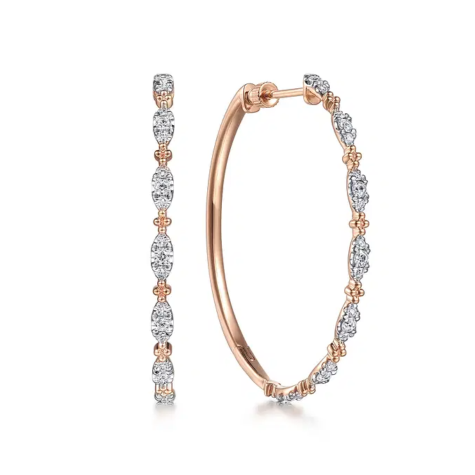 14K Yellow Gold 40mm Diamond Station Intricate Hoop Earrings