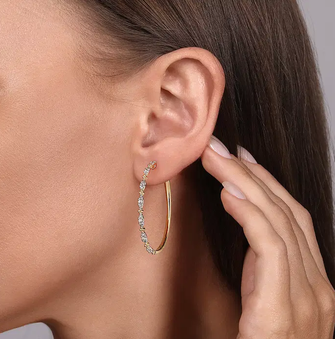 14K Yellow Gold 40mm Diamond Station Intricate Hoop Earrings