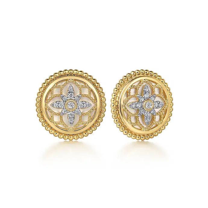 14K Yellow Gold Bujukan Diamonds and White Mother of Pearl Stud Earrings