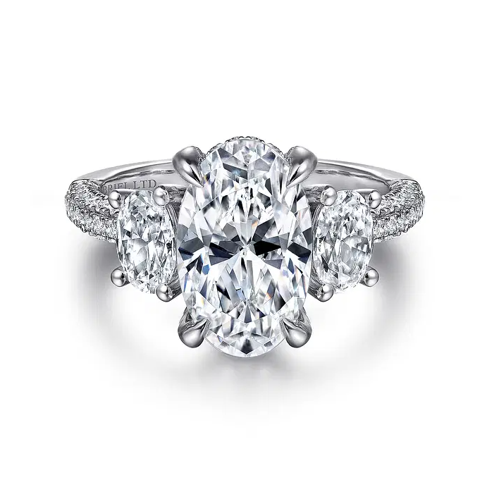 Ferah - 18K White Gold Oval Cut Three Stone Hidden Halo Diamond Engagement Ring