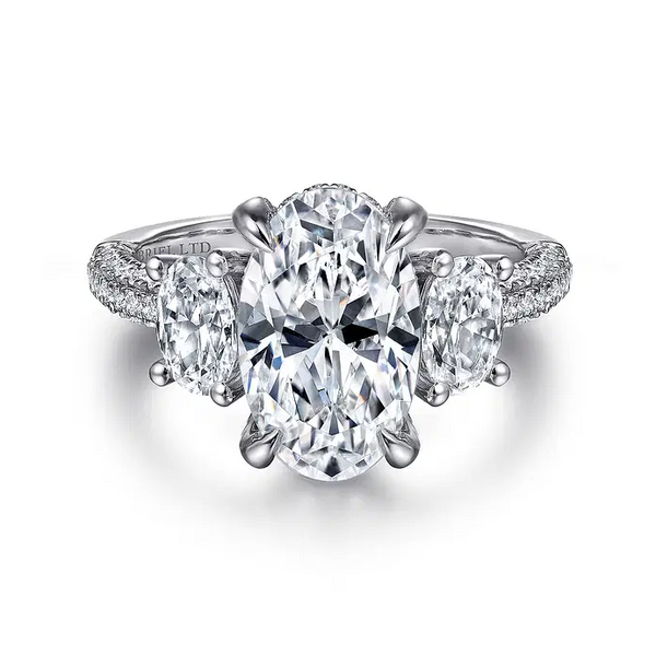 Ferah - 18K White Gold Oval Cut Three Stone Hidden Halo Diamond Engagement Ring