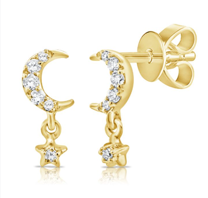 WHITE GOLD DIAMOND MOON AND STAR STUD EARRINGS
