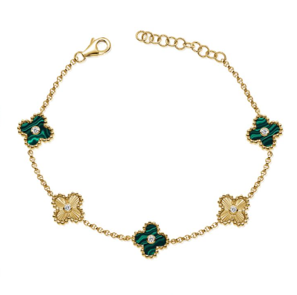 YELLOW GOLD MALACHITE AND DIAMOND FLUTED CLOVER CHAIN BRACELET