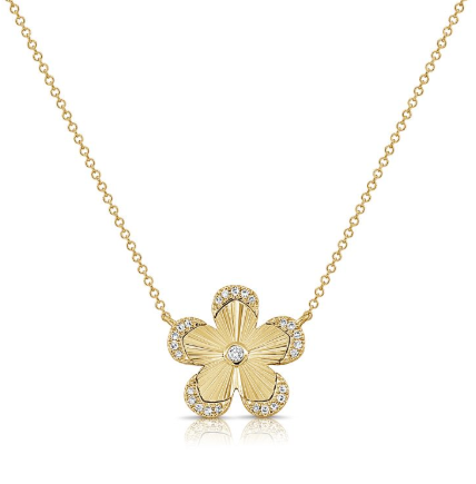 YELLOW GOLD DIAMOND FLUTED FLOWER PENDANT NECKLACE