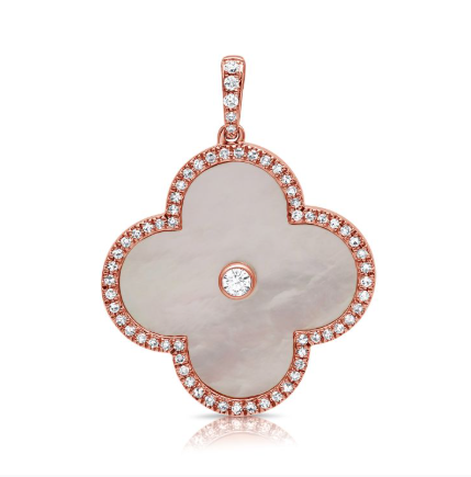 WHITE GOLD MOTHER OF PEARL AND DIAMOND CLOVER PENDANT