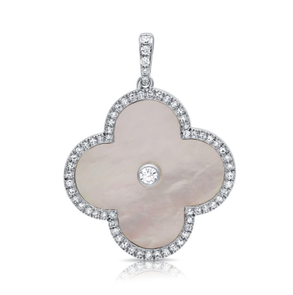 WHITE GOLD MOTHER OF PEARL AND DIAMOND CLOVER PENDANT