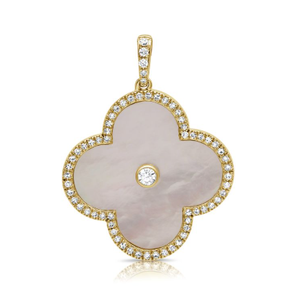 WHITE GOLD MOTHER OF PEARL AND DIAMOND CLOVER PENDANT
