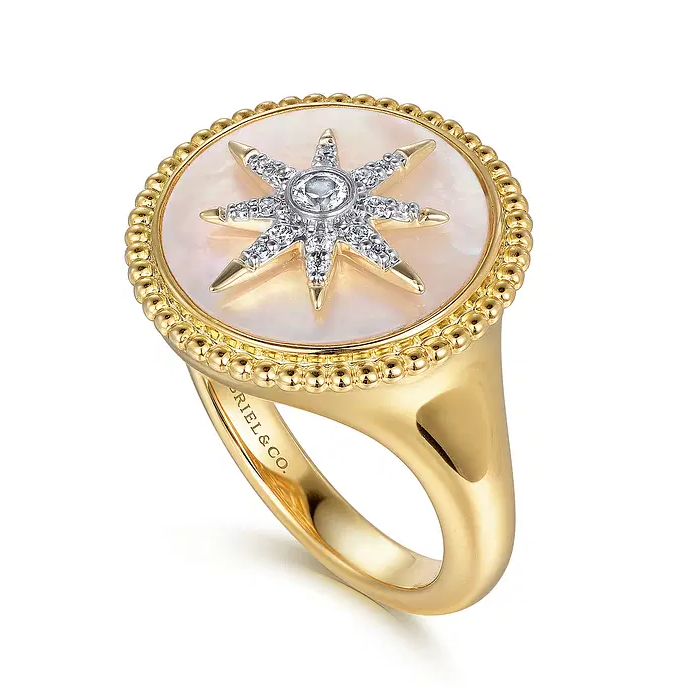 14K Yellow Gold Mother of Pearl Inlay and Diamond Starburst Signet Ring