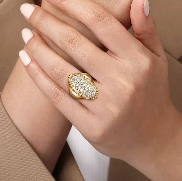 14K Yellow Gold Bujukan Diamond Elongated Oval Signet Ring