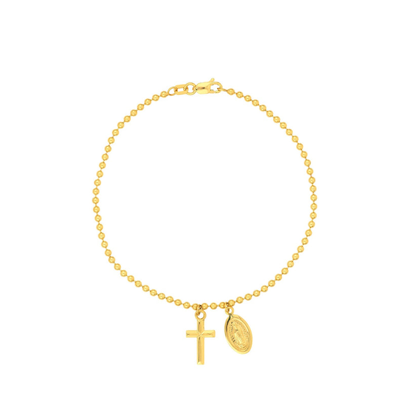 14K Yellow Gold Virgin Mary and Cross Beaded Bracelet-Bracelets-Maurice's Jewelers-