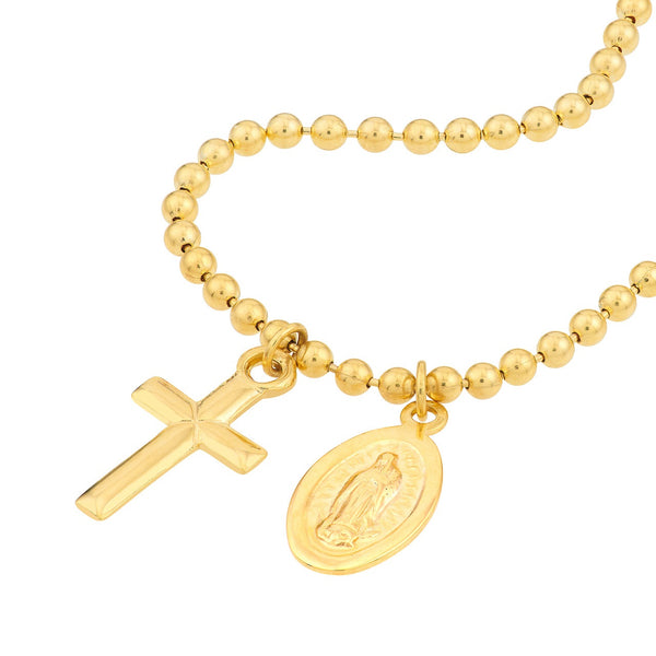 14K Yellow Gold Virgin Mary and Cross Beaded Bracelet