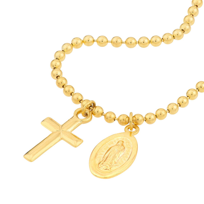 14K Yellow Gold Virgin Mary and Cross Beaded Bracelet