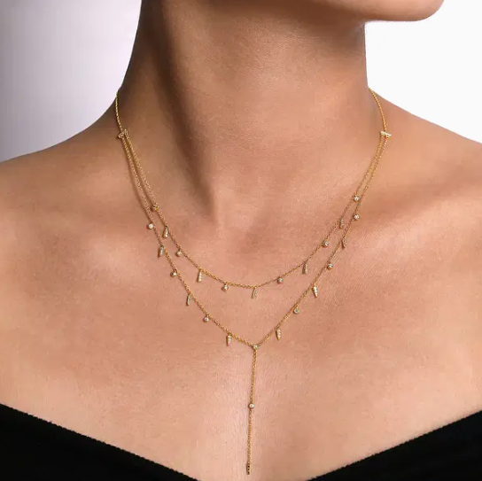 14K Yellow Gold Diamond Double Row Dangle Drop Necklace