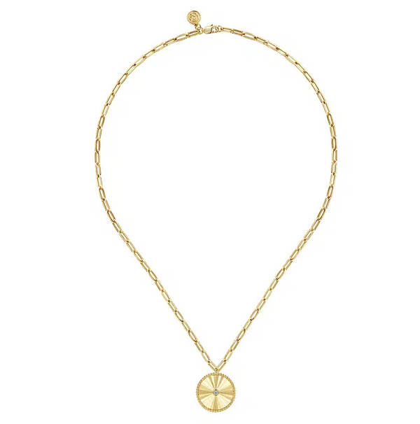 Diamond Cut - 18 inch 14K Yellow Gold Textured Diamond Medallion Hollow Chain Necklace
