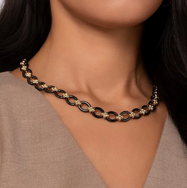Ceramic - 14K Yellow Gold Black Ceramic Oval Link Chain Necklace with Bujukan Connectors