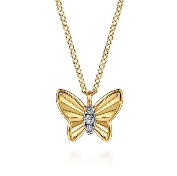 Butterfly - 14K Yellow Gold Butterfly Necklace With Diamond Cut Finish And Graduating Diamonds