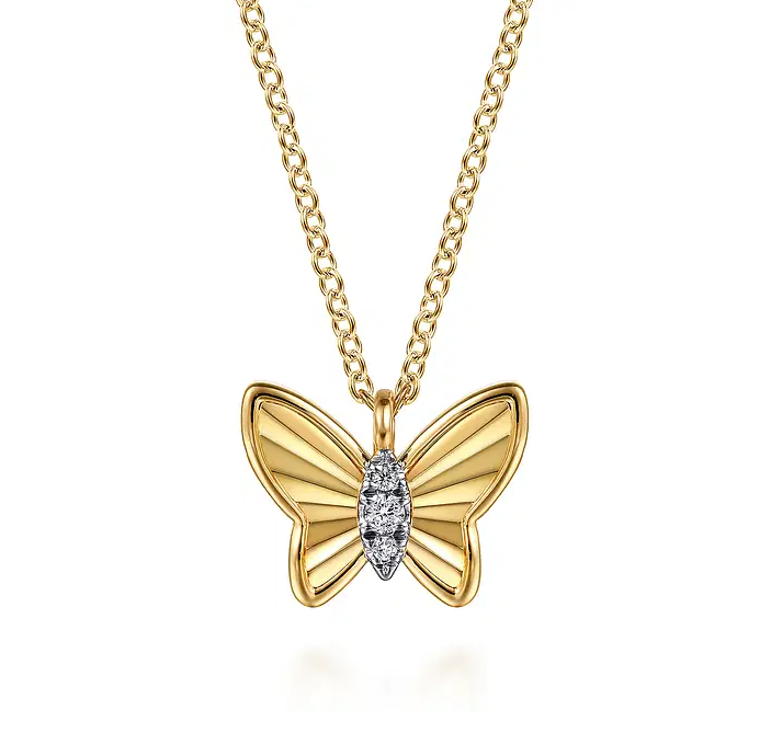 Butterfly - 14K Yellow Gold Butterfly Necklace With Diamond Cut Finish And Graduating Diamonds