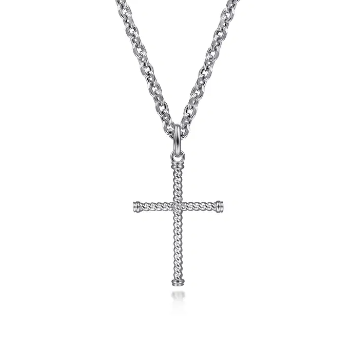 22 Inch 925 Sterling Silver Twisted Rope Cross Pendant Necklace
