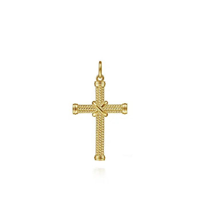 14K Yellow Gold Twisted Rope Cross Pendant with X Center