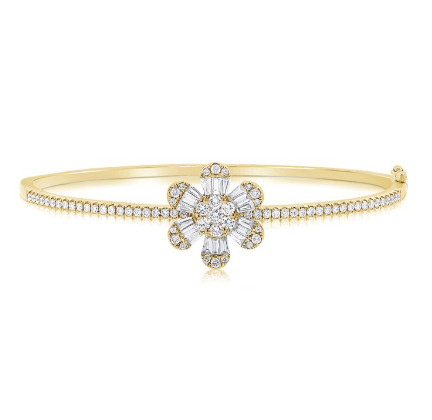 WHITE GOLD BAGUETTES AND DIAMOND FLOWER BANGLE