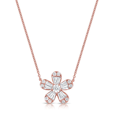 ROSE GOLD BAGUETTES AND DIAMOND FLOWER PENDANT NECKLACE