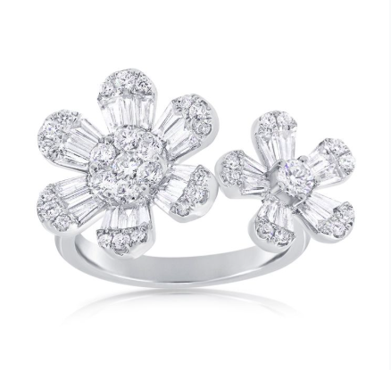 WHITE GOLD BAGUETTES AND DIAMOND FLOWER WRAP RING